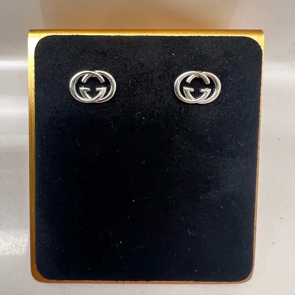 Gucci GG Logo Silver Stud Earrings | Authentic Designer Minimalist Jewelry - Picture 2 of 3